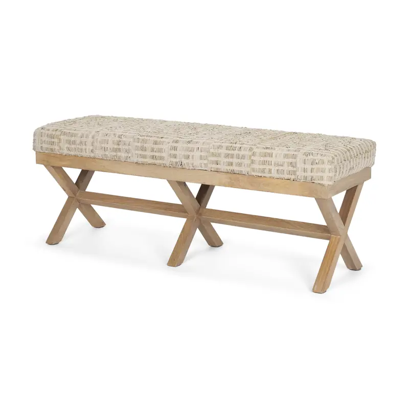 Solis Ii Accent Bench — 50" Beige Woven Leather Cushion On Brown Wood Frame 1