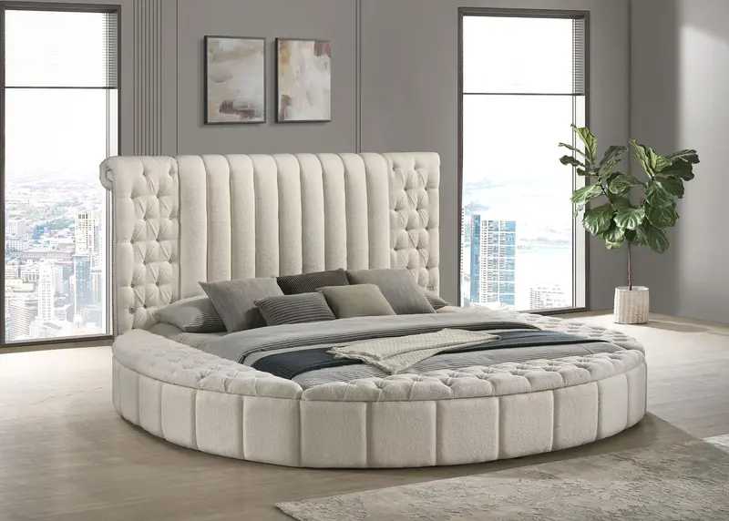 Sonya Ivory Upholstered Eastern King Round Storage Bed With Hidden Compartments 1