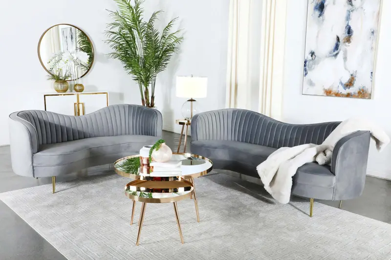 Sophia Gray & Gold Camel-Back Upholstered 2-Piece Living Room Set 1