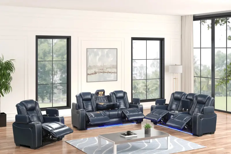 Stefano Blue 3-Piece Power Reclining Living Room Set – Sofa & Recliners 1