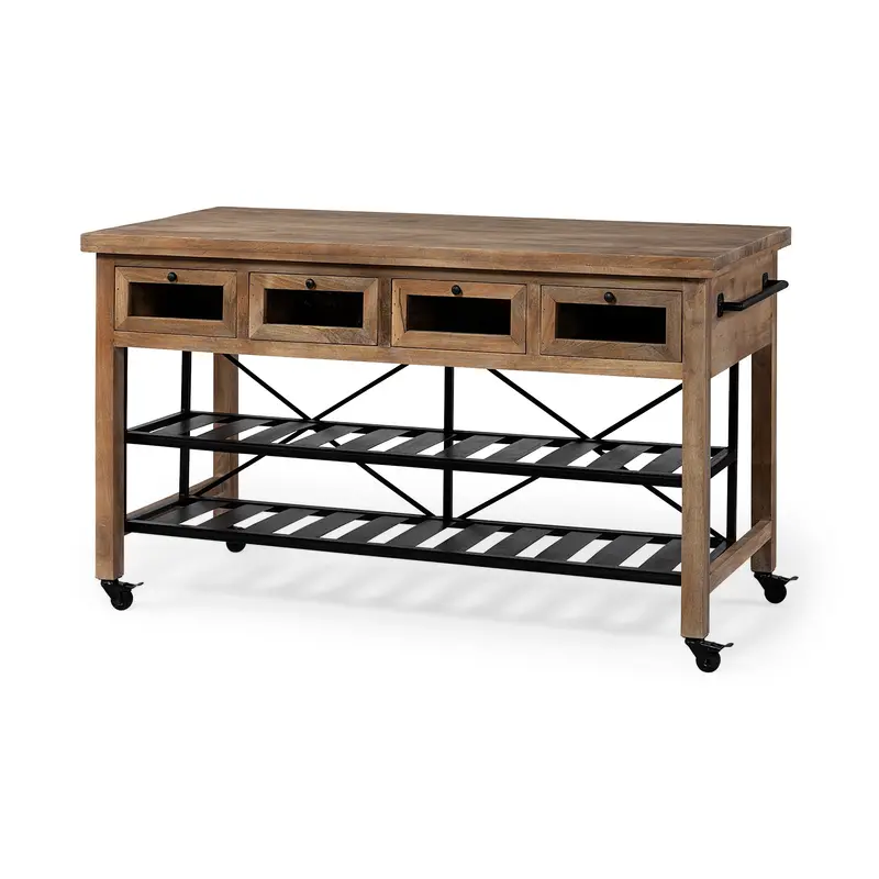 Stuart I Rolling Kitchen Island – Two-Tier Brown Solid Wood Top With Black Metal Frame 1