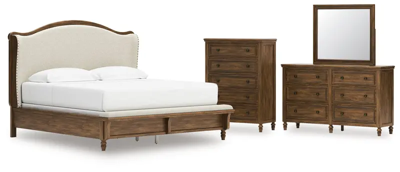 Sturlayne King Upholstered Panel Bed With Mirrored Dresser And Chest In Brown 1