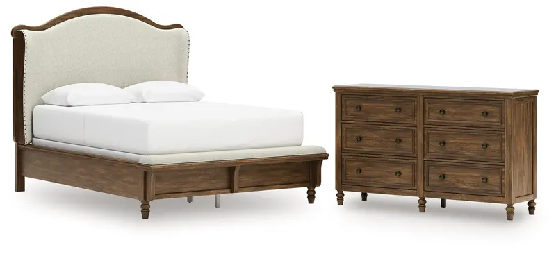 Sturlayne Queen Upholstered Panel Bed + Brown Dresser – Stylish Bedroom Duo 1