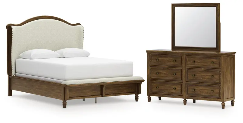 Sturlayne Queen Upholstered Panel Bed + Mirrored Brown Dresser – Coordinated Bedroom Ensemble 1