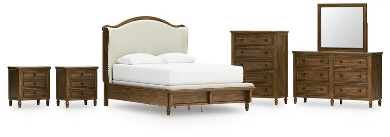 Sturlayne Queen Upholstered Panel Bed With Mirrored Dresser, Chest, And Two Nightstands In Brown 1