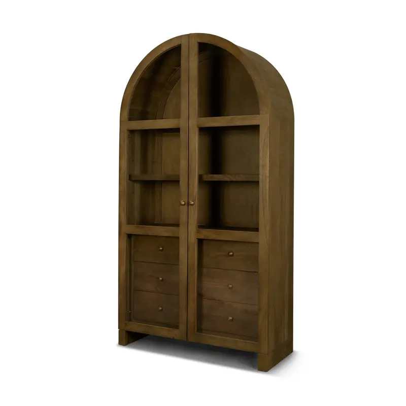 Suri Arched Curio Cabinet With Mid-Brown Wood Frame And Glass Doors 1