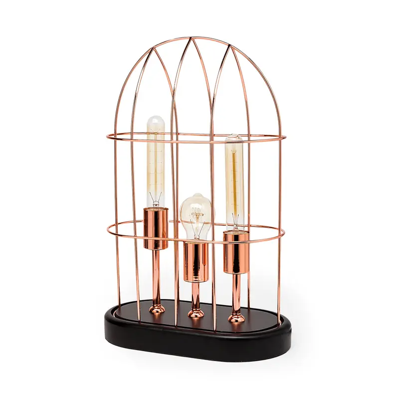 Sutton Table Lamp – Rose-Gold Metal Cylindrical Cage, Three-Bulb Design, 19.3" Tall 1