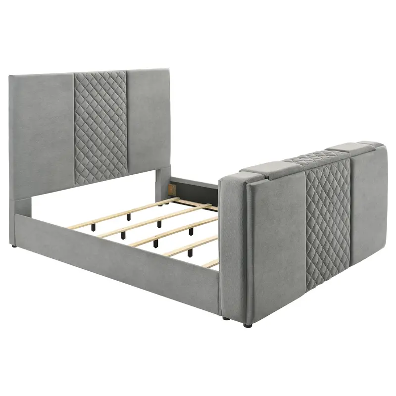 Tara Gray Tv Bed – 61-Inch Eastern King Upholstered Panel Bed With Built-In Media Shelf 1