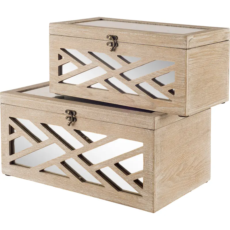 Tiffany Chevron Storage Boxes (Set Of 2) – Off-White Wooden Boxes With Mirror Inlay 1