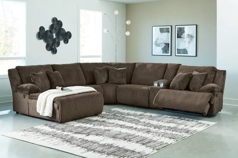Top Tier Chocolate 6-Piece Laf Chaise Sectional – Reclining Fabric Seating 1