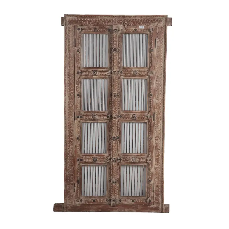 Traditional Carved Wooden Door Set With Iron Rod And Frame (2-Piece) 1