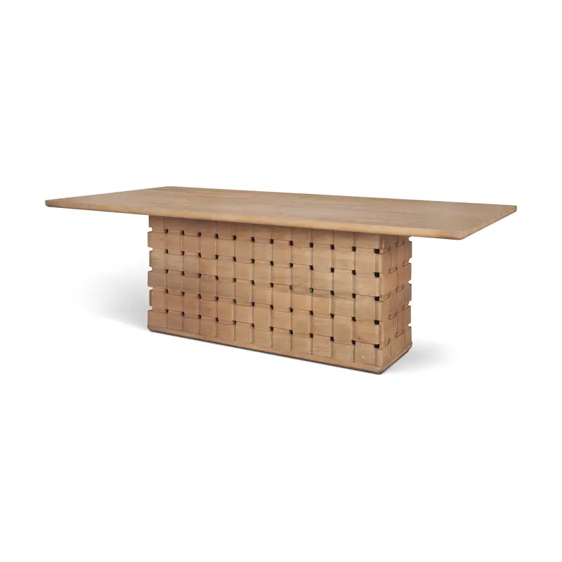 Trellyn Dining Table – 94" Rectangular Light Brown Solid Wood Top With Carved Woven-Style Base 1