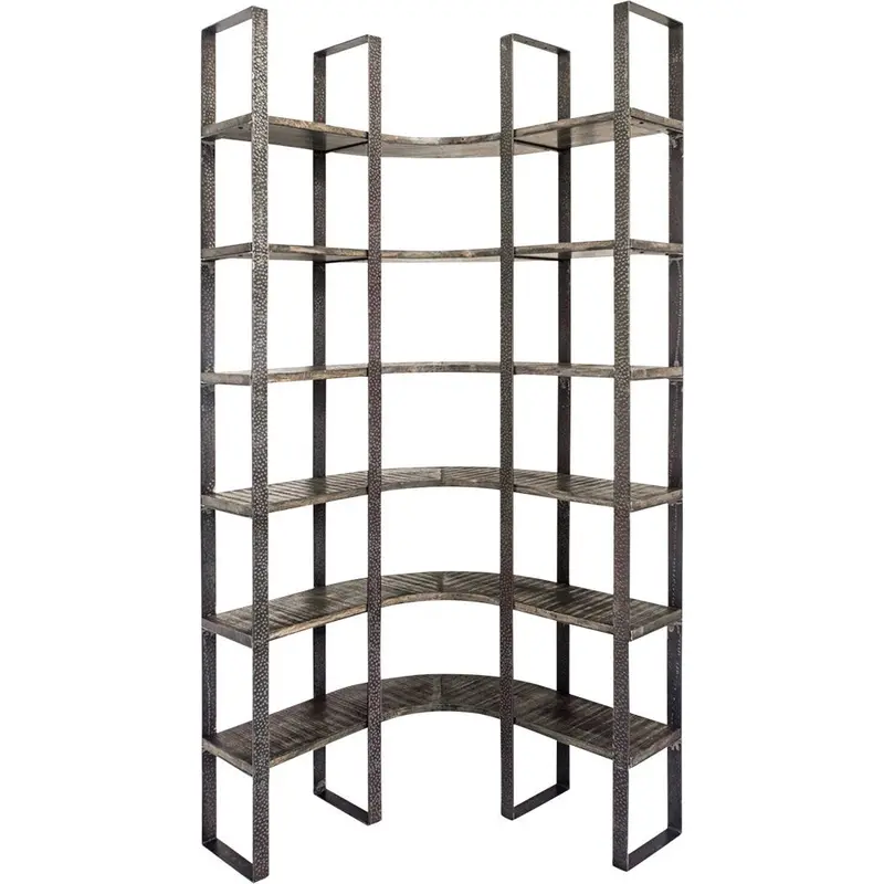 Turner I Curved Six-Shelf Shelving Unit In Brown Wood And Black Iron (37"L X 10.5"W X 90"H) 1