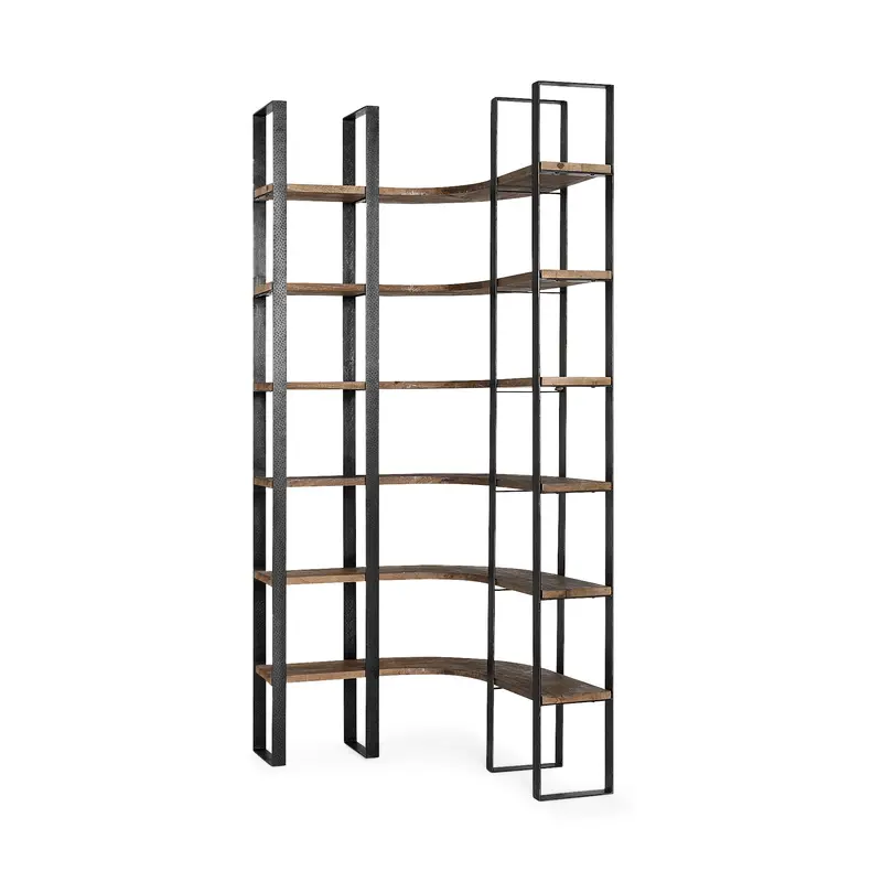 Turner Ii Curved Six-Shelf Shelving Unit In Dark Brown Wood And Black Iron (37"L X 10.5"W X 90"H) 1