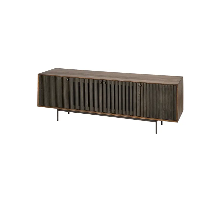 Two-Tone Brown Solid Wood Tv Stand – Grace I Media Console With Slatted Doors (Fits Tvs Up To 82") 1