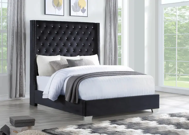 Tykocin Black Velvet Diamond-Quilted Queen Bed 1