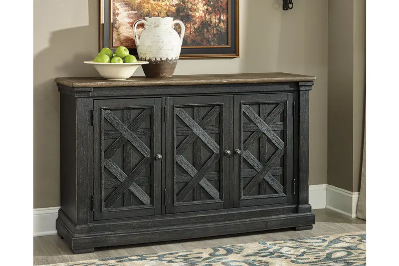 Tyler Creek Black-And-Gray Dining Server With Glass Display Shelving 1