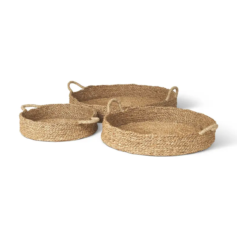 Ulana Set Of Three Nesting Round Seagrass Trays With Loop Handles 1