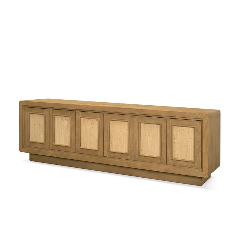 Valterra Media Console – Light Brown Wood Frame With Travertine Accents And Six-Cabinet Layout 1