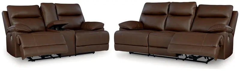 Vonryan Tobacco Leather-Style Power Reclining Sofa And Loveseat Set 1