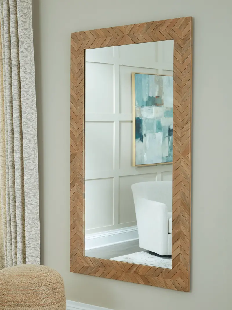 Waylane Brown Wood Floor Mirror – Tall Freestanding Full-Length Reflective Accent 1