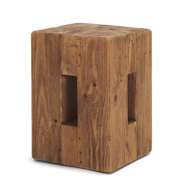 Waylen Accent Stool – Natural Wood Block Design With Organic Texture 1