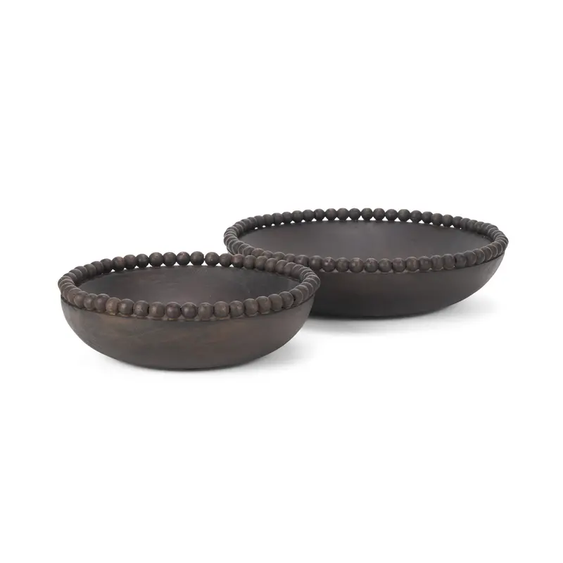 Wendell Bowls – Dark Brown Round Wooden Bowls Adorned With Natural Wood Beads 1