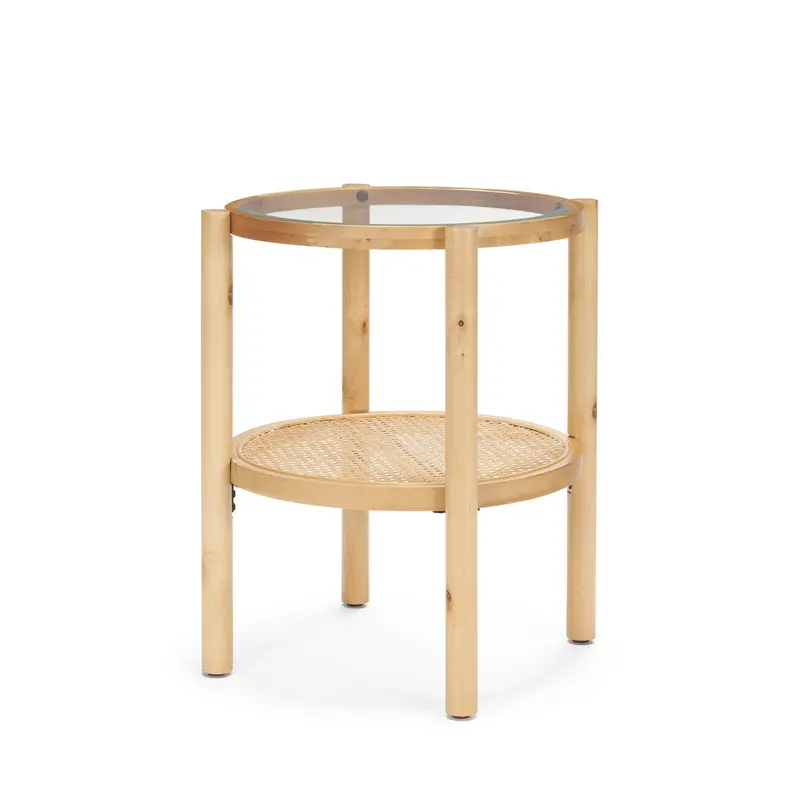 Weslyn Side Table: Light Brown Solid Wood Frame, Glass Top & Cane Accents 1