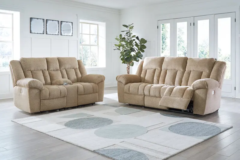 Wheat-Hued Power Reclining Living Room Ensemble – Tip-Off 1