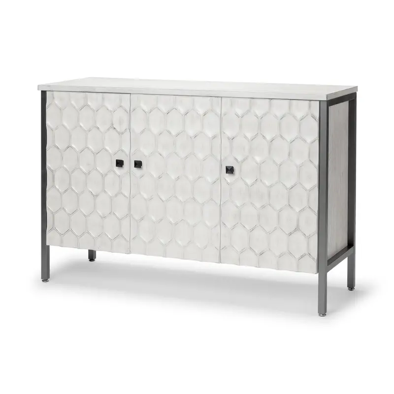 White Fir Veneer & Gray Metal 3-Door Accent Cabinet – Savannah Style 1
