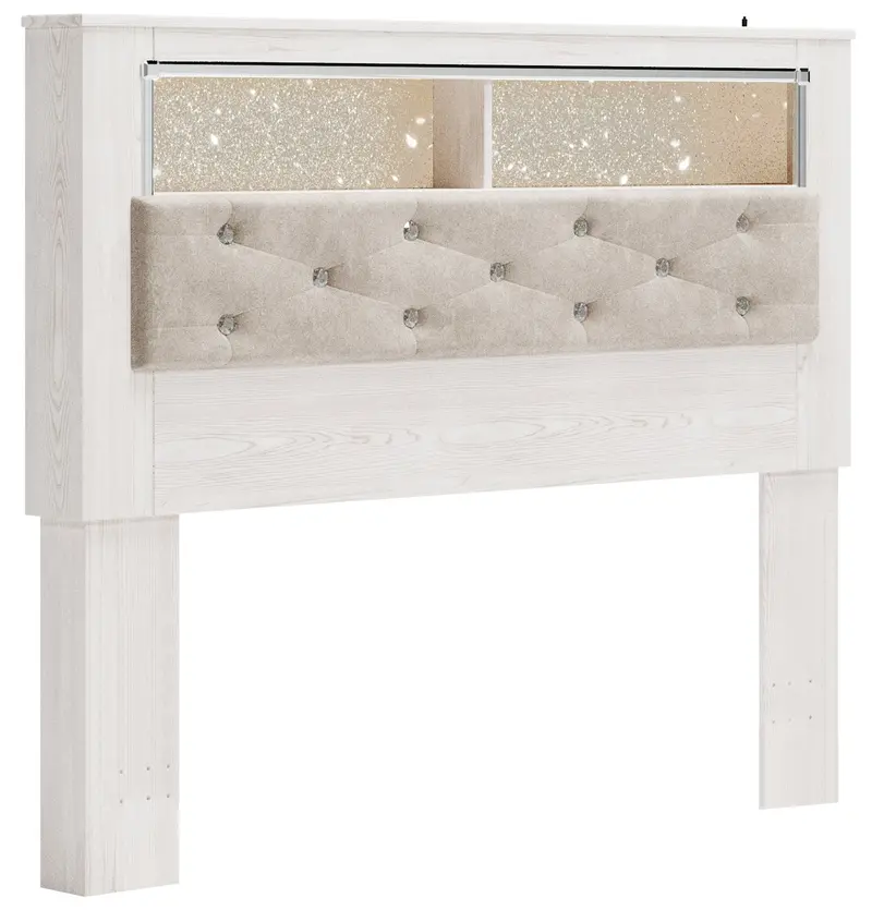 White Upholstered Queen Headboard With Built-In Bookshelves 1