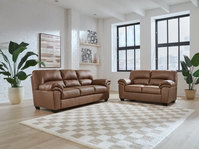 Willowbend Caramel Leather-Look Sofa And Loveseat Collection 1