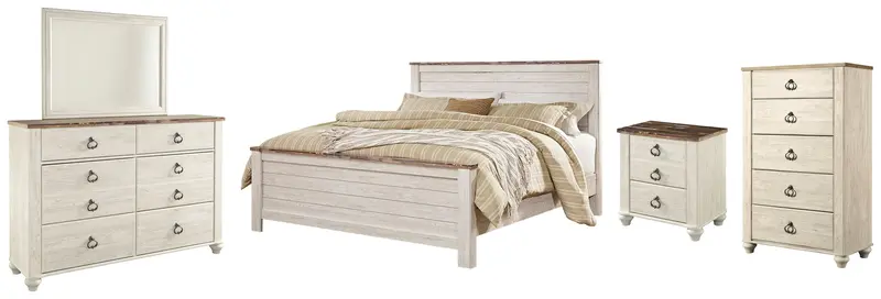 Willowton California King Panel Bed Set: Mirrored Dresser, Chest & Nightstand In Whitewash 1