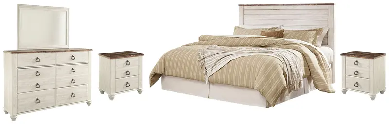 Willowton King Or California King Panel Headboard Bed Set: Mirrored Dresser & Two Nightstands In Whitewash 1