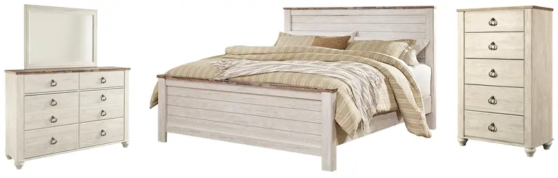 Willowton King Panel Bed Set: Mirrored Dresser & Chest In Whitewash 1