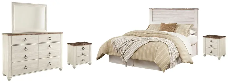 Willowton Queen Or Full Panel Headboard Bed Set: Mirrored Dresser & Two Nightstands In Whitewash 1