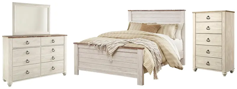 Willowton Queen Panel Bed Set: Mirrored Dresser & Chest In Whitewash 1