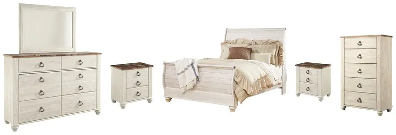 Willowton Queen Sleigh Bed Set: Mirrored Dresser, Chest & Two Nightstands In Whitewash 1