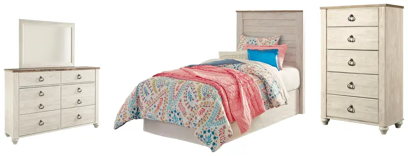 Willowton Twin Panel Headboard Bed Set: Mirrored Dresser & Chest In Whitewash 1