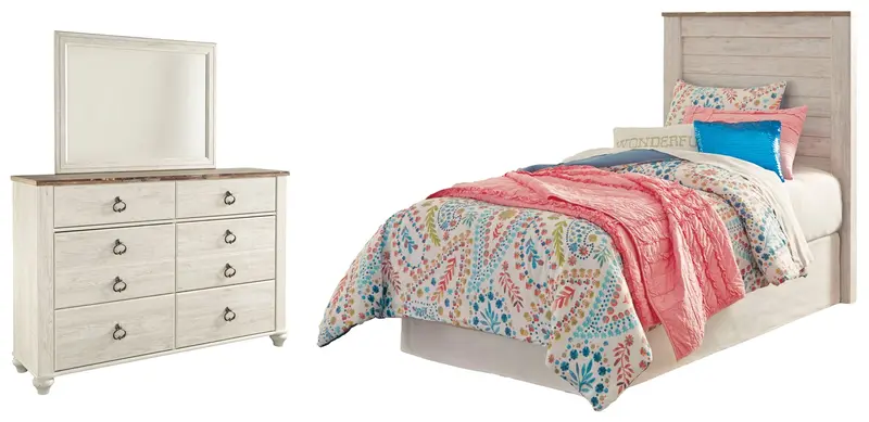 Willowton Twin Panel Headboard Bed With Mirrored Dresser In Whitewash 1
