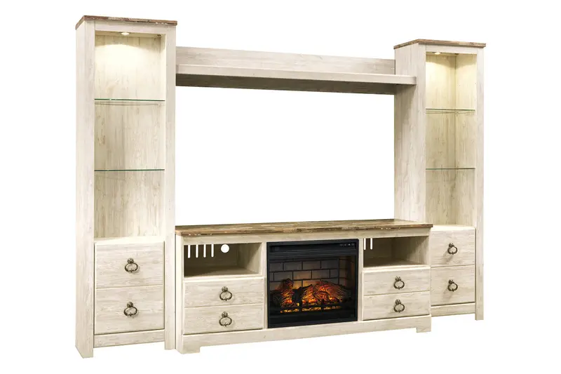 Willowton Whitewash Entertainment Center: 4-Piece Unit With Built-In Electric Fireplace 1
