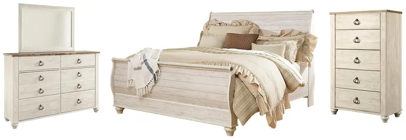 Willowton Whitewash King Sleigh Bed With Mirrored Dresser And Chest 1