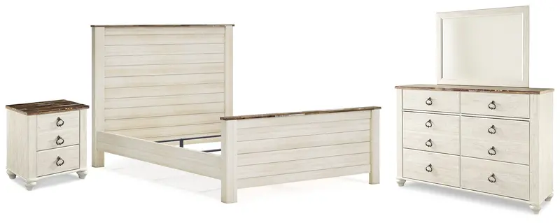 Willowton Whitewash Queen Bedroom Set: Panel Bed, Dresser, Mirror & Nightstand 1