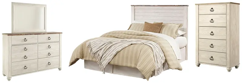 Willowton Whitewash Queen Or Full Panel Headboard Bed With Mirrored Dresser And Chest 1