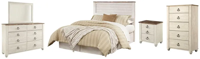 Willowton Whitewash Queen Or Full Panel Headboard Bed With Mirrored Dresser, Chest, And Nightstand 1