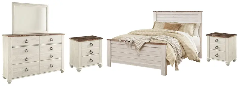 Willowton Whitewash Queen Panel Bed With Mirrored Dresser And Two Nightstands 1
