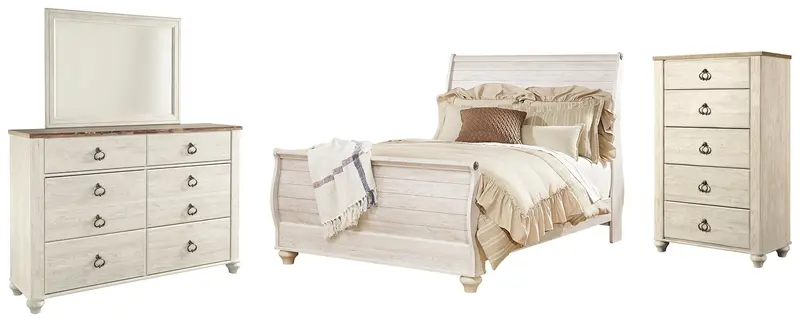 Willowton Whitewash Queen Sleigh Bed Set With Mirror-Front Dresser And Chest 1