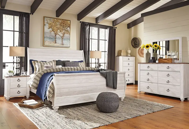 Willowton Whitewash Sleigh Bedroom Collection: Bed, Dresser, Mirror & Nightstand 1