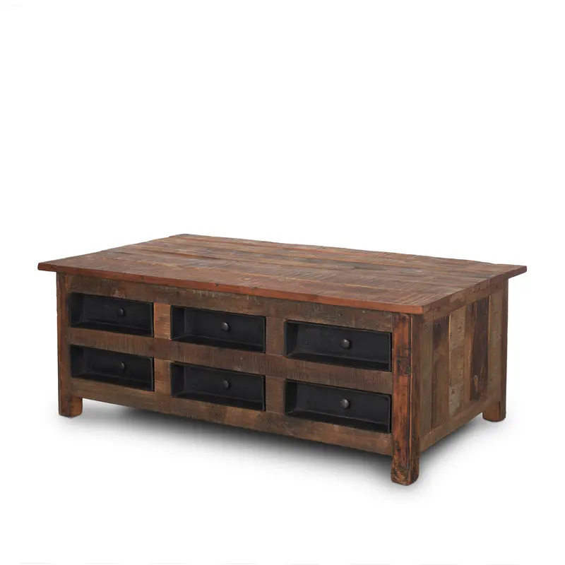 Wilton Coffee Table – Brown Wood Frame With 12 Black Metal Drawers For Modern Living Rooms 1