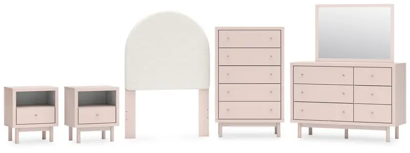 Wistenpine Blush Twin Upholstered Headboard Set With Mirrored Dresser, Chest, And Two Nightstands 1